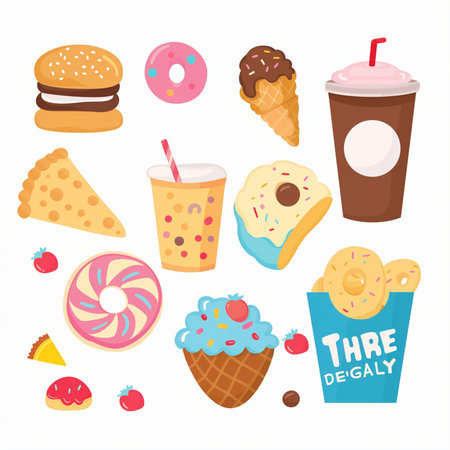 Set of fast food icons. Donuts, ice cream, donuts, ice cream. Vector illustrationのイラスト素材