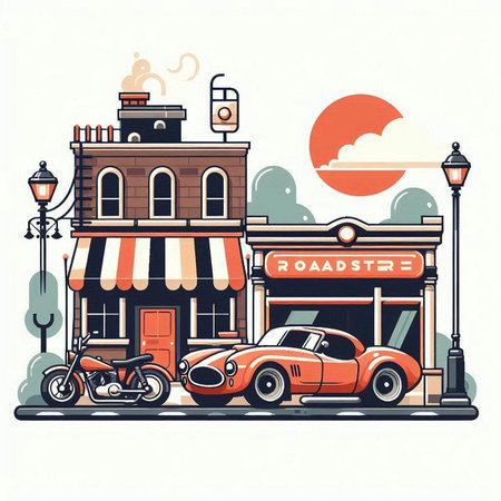 Retro cityscape with old buildings and cars. Vector illustration.のイラスト素材