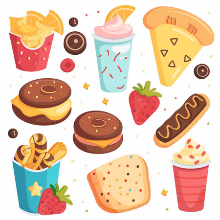 Fast food vector illustration in cartoon style. Fast food with ice cream, donut, strawberry, biscuit, donut, ice cream, french fries, donut.のイラスト素材