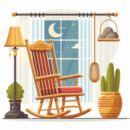 Vector illustration of a rocking chair on the background of the window and the moonのイラスト素材