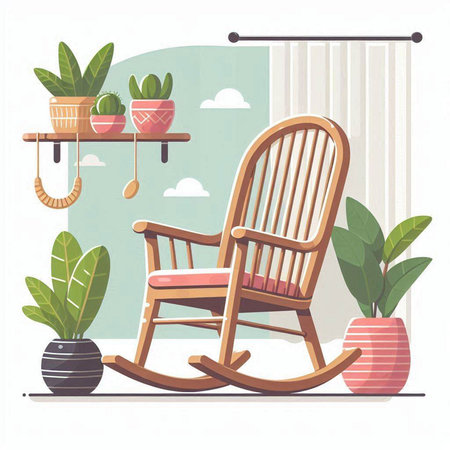 Wooden rocking chair in the room with plants. Vector illustration.のイラスト素材