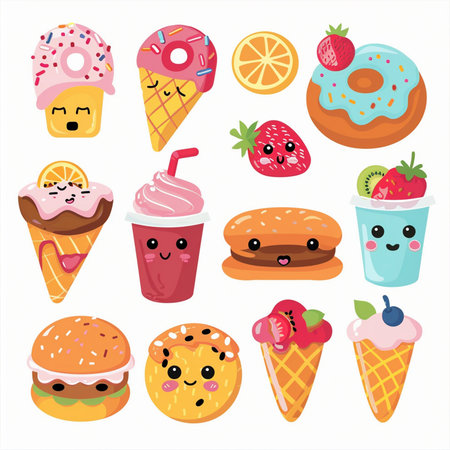 Set of cute kawaii fast food icons. Vector illustration.のイラスト素材