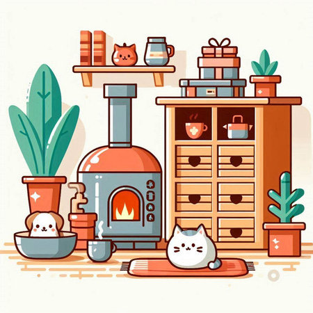 Cozy home interior with fireplace, bookshelf, cat and cup of tea. Vector illustration.のイラスト素材