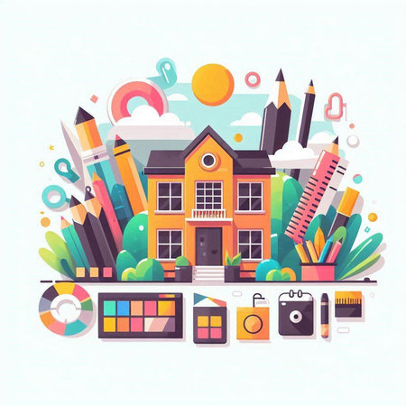 Back to school concept. Vector illustration in flat style. School and education elements.のイラスト素材