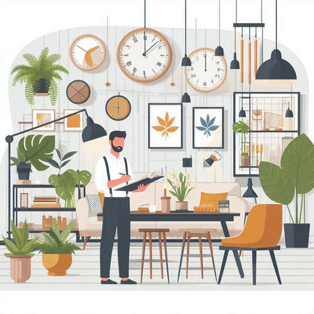 Vector illustration of a man reading a book in the living room.のイラスト素材