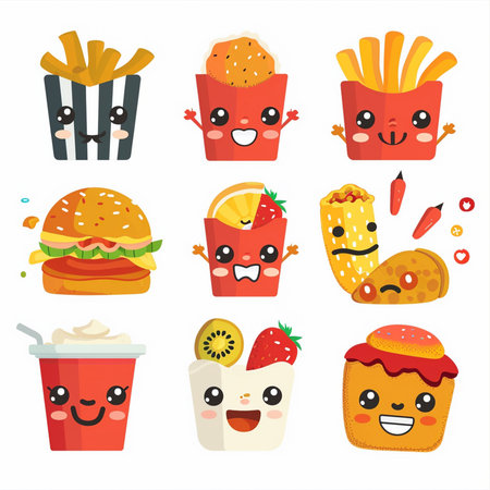 Cute fast food kawaii characters set. Vector illustration.のイラスト素材