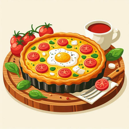 Illustration of a pie with tomatoes, mozzarella and eggのイラスト素材