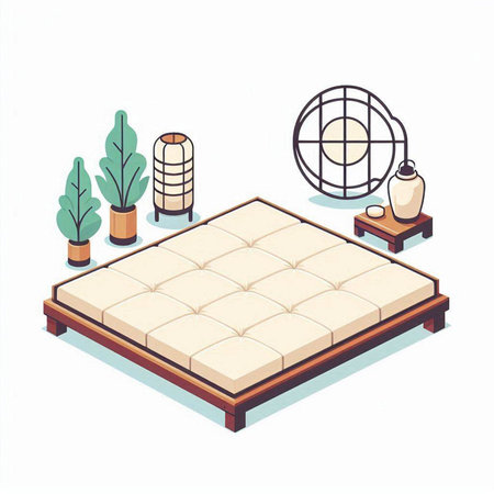 Bedroom furniture isometric vector illustration. Comfortable bed with pillows, armchair, lamp and plant.のイラスト素材