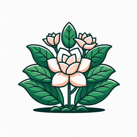 Illustration of a flower with green leaves on a white background.のイラスト素材