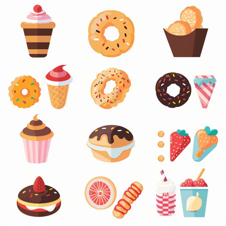 Donut and cupcake icons set in flat style isolated on white backgroundのイラスト素材