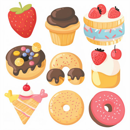 Vector illustration of donuts, ice cream, chocolate, strawberry, cherry, ice cream, donut.のイラスト素材