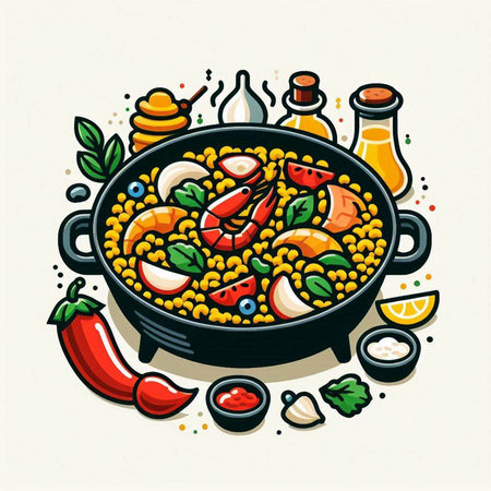 Seafood paella in a frying pan. Vector illustration.のイラスト素材