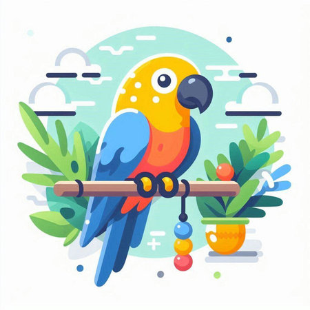 Parrot flat vector illustration. Parrot parrot sitting on a tree branch.のイラスト素材