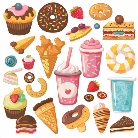 Set of sweet food and desserts. Vector illustration in cartoon style.のイラスト素材