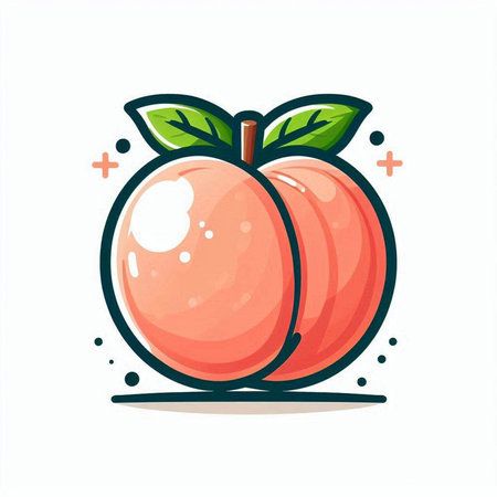 Peach fruit with leafs in cartoon style. Vector illustration.のイラスト素材