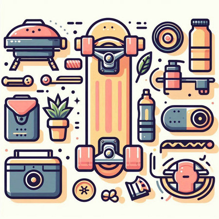Vector line art icons set of sport equipment. Modern style illustration.のイラスト素材