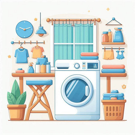 Laundry room interior with washing machine, dryer, clothes and accessories. Vector illustration.のイラスト素材