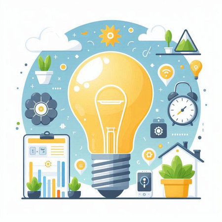 Flat design modern vector illustration concept of big idea. Lightbulb with business icons.のイラスト素材