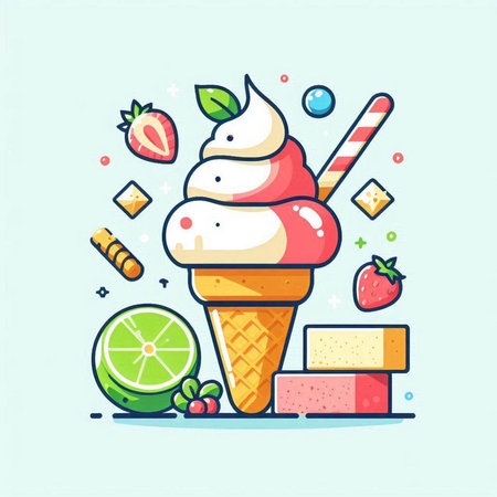 Ice cream in waffle cone with fruits and berries. Vector illustration.のイラスト素材