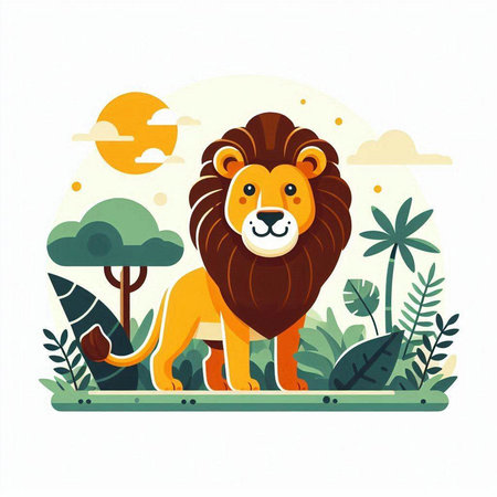 Lion in the jungle. Vector illustration in flat cartoon style.のイラスト素材