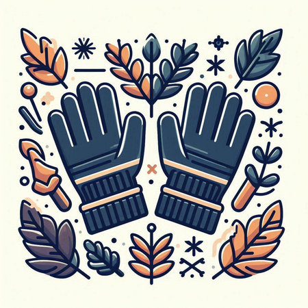 Hand drawn vector illustration in trendy linear style - gloves and leaves.のイラスト素材