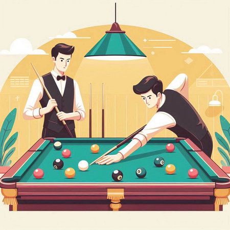 Young men playing billiards in the club. Vector illustration.のイラスト素材