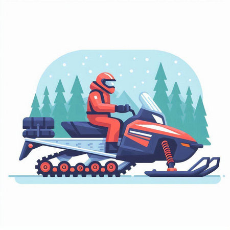 Snowmobile in the winter forest. Vector illustration in flat style.のイラスト素材