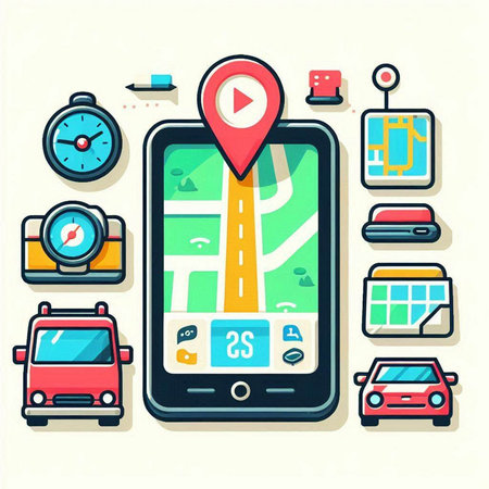 Smartphone with GPS navigation app on screen. Vector illustration in flat styleのイラスト素材