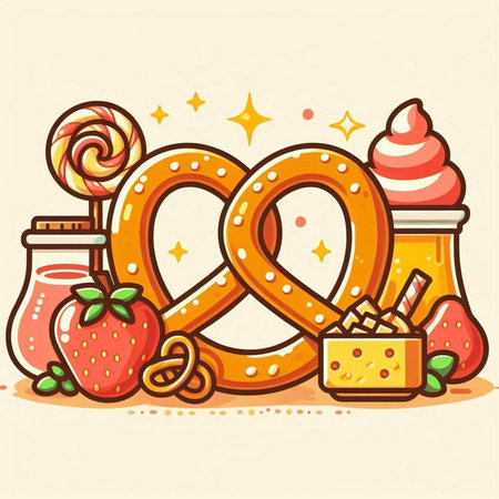 Vector illustration of a pretzel, ice cream, strawberry, chocolate and other sweets.のイラスト素材