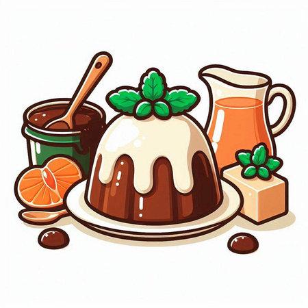 Chocolate pudding with caramel sauce and mint leaves, vector illustration.のイラスト素材