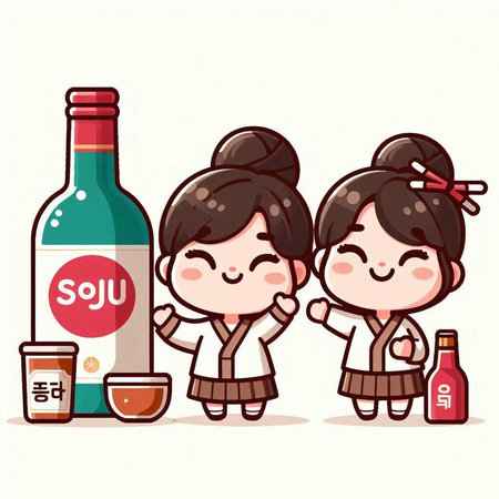 Illustration of cute little girl in Korean traditional clothes holding a bottle of sake.のイラスト素材