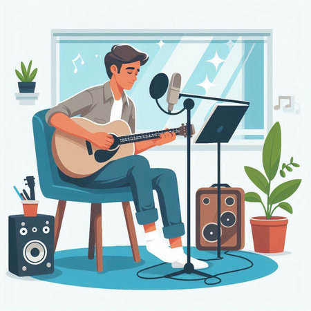 Man playing guitar at home. Flat style vector illustration. Music, hobby concept.のイラスト素材