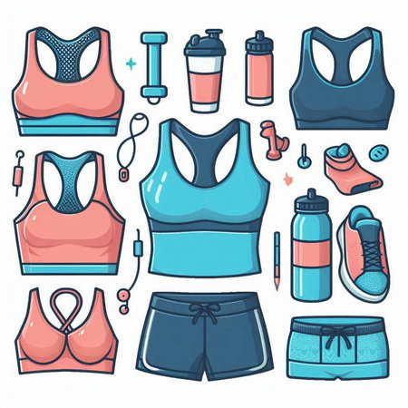 Vector set of sport and fitness icons. Sportswear and equipment.のイラスト素材