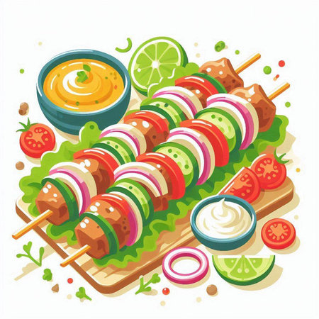Illustration of Grilled kebab on skewers with saucesのイラスト素材