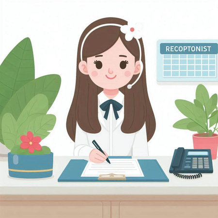 Young female receptionist at the reception desk in the office. Vector illustration.のイラスト素材
