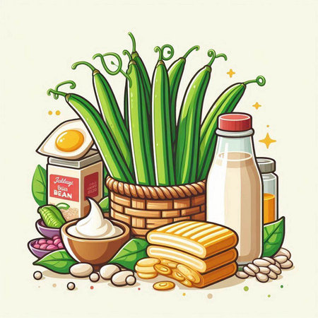 Illustration of a set of ingredients for cooking in a basket.のイラスト素材