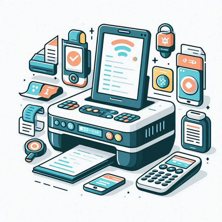 Vector illustration of a printer with smartphone and tablet. Isometric view.のイラスト素材