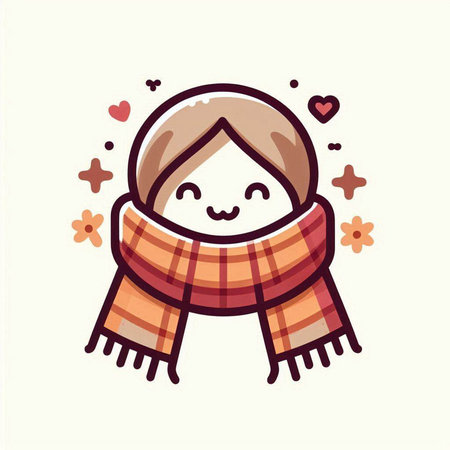 Cute cartoon girl in warm clothes, scarf and hat. Vector illustration.のイラスト素材