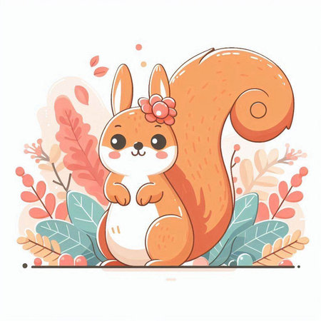 Cute squirrel with a flower in her hair. Vector illustration.のイラスト素材