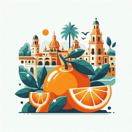 Oranges and spanish city. Vector illustration in flat style.のイラスト素材