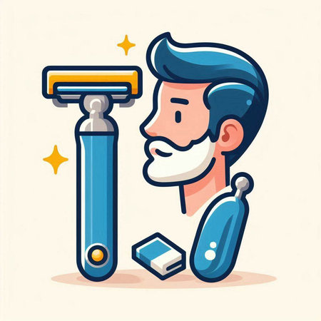 Man shaving his beard with razor. Vector illustration in cartoon style.のイラスト素材