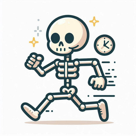 Vector illustration of a funny cartoon skeleton running with clock on white background.のイラスト素材