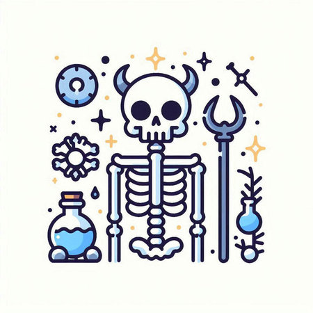 Skeleton with magic potion. Vector illustration in line art style.のイラスト素材