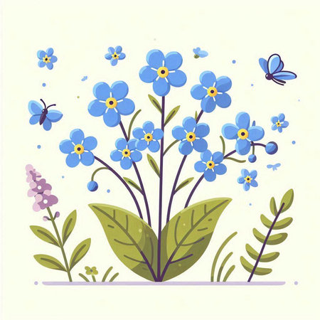 Blue forget-me-not flowers and butterflies. Vector illustration.のイラスト素材