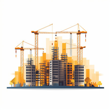Construction site with cranes and buildings. Vector illustration in flat style.のイラスト素材