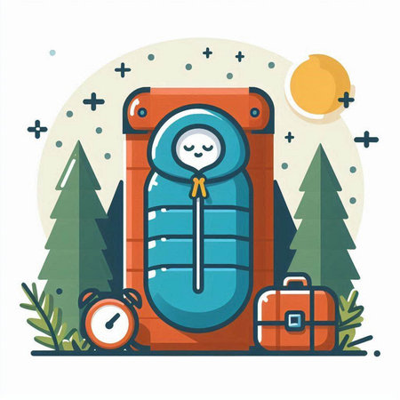Ski resort flat vector illustration. Snowboard, luggage, compass, bag on the background of the forest.のイラスト素材