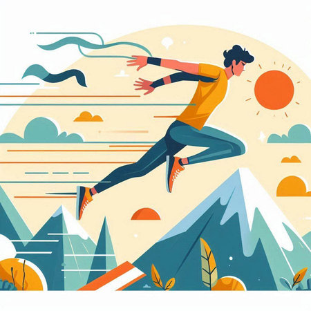 Vector illustration of a man jumping in the mountains. Flat style design.のイラスト素材