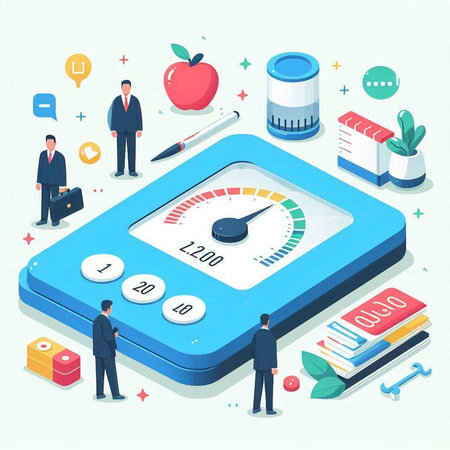 Flat 3d isometric vector concept illustration of business people working with calculator, laptop, office supplies, stationery and infographic elements.のイラスト素材