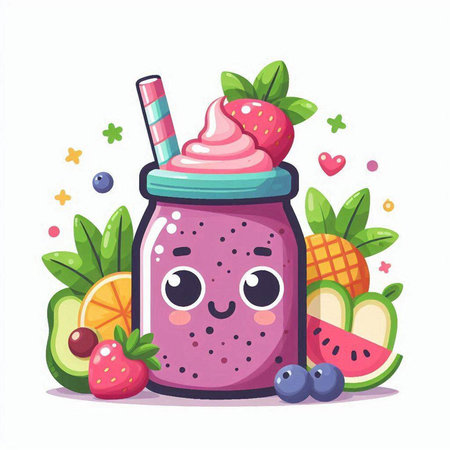 Smiling smoothie in a jar with fruits and berries. Vector illustrationのイラスト素材