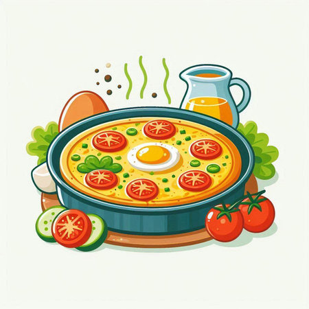 Illustration of omelette in a frying pan with tomatoes and cucumbersのイラスト素材